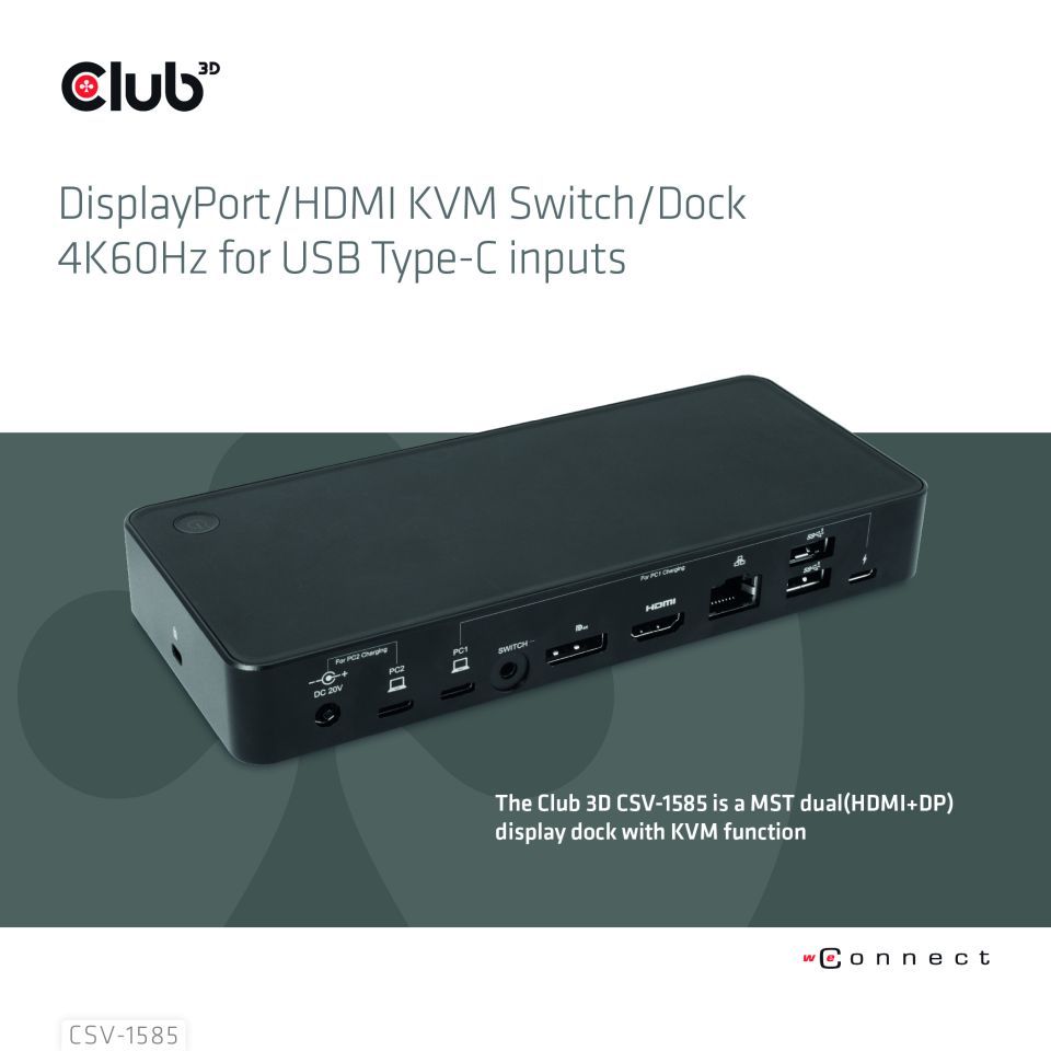 Club3D CSV-1585 DisplayPort/HDMI KVM Switch/Dock 4K60Hz For USB Type-C inputs Black