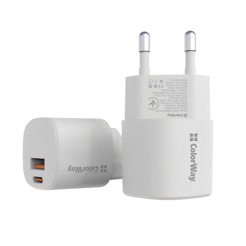 ColorWay USB töltő adapter GaN3 Power Delivery Port PPS USB (Type-C PD + USB QC3.0) (33W) White