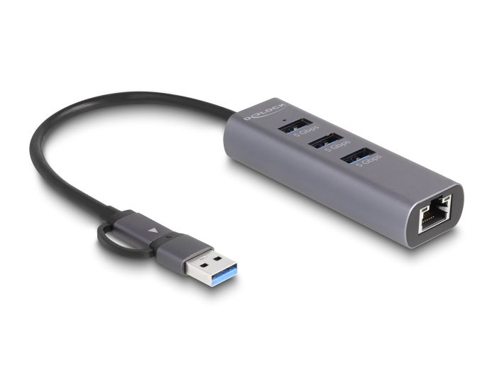 DeLock 3Port USB 5 Gbps Hub + Gigabit LAN with USB Type-C or USB Type-A connector in metal case