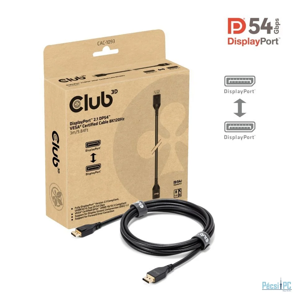 Club3D DisplayPort 2.1 DP54 VESA Certified Cable 8K120Hz 3m Black