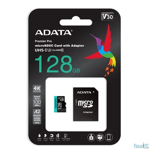 A-Data 128GB microSDXC Premier Pro Class 10 UHS-I U3 A2 V30 + adapterrel