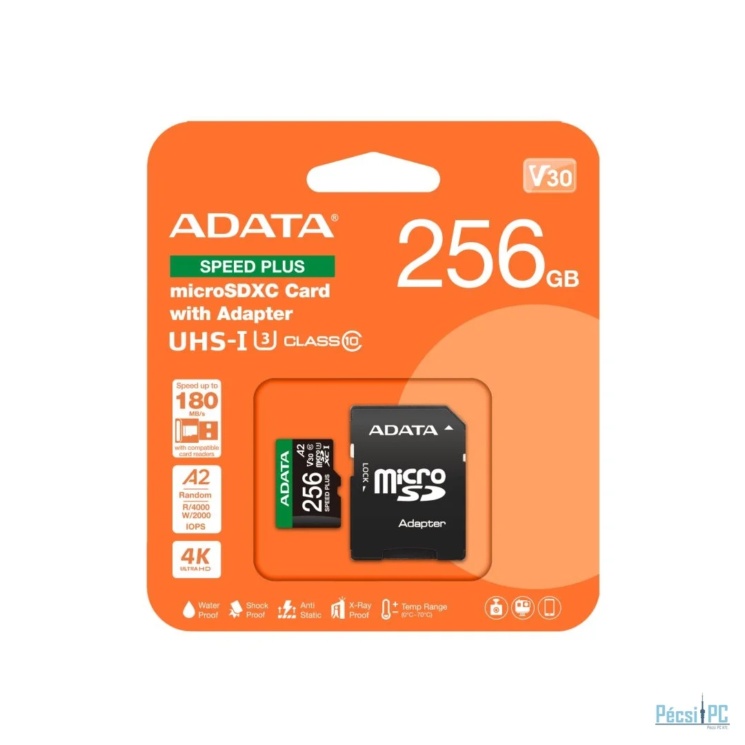 A-Data 256GB microSDXC Speed Plus Class 10 UHS-I U3 V30 + adapterrel