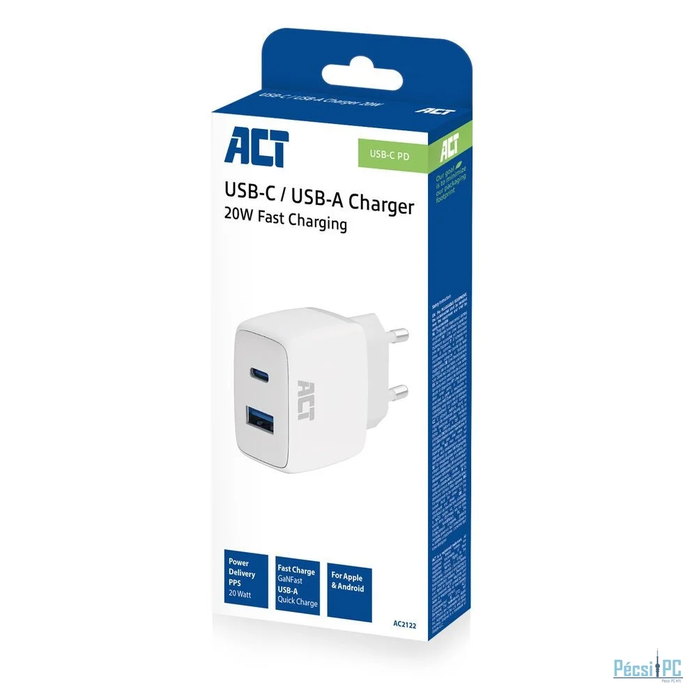ACT AC2122 USB-C & USB-A charger 20W with Power Delivery White