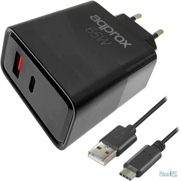 Approx APPUSBWALL65W Cargador 65WATT QC 1 X USB A+ 1 X USB C+cable Black