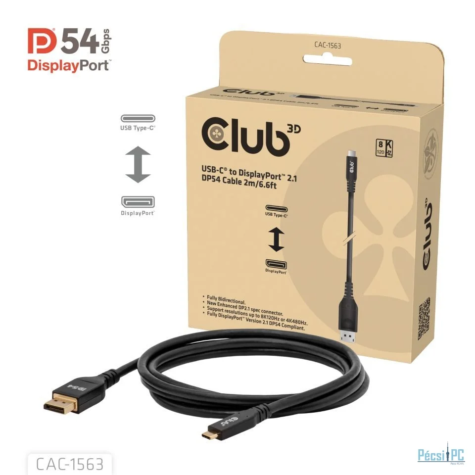 Club3D CAC-1563 USB-C to DisplayPort 2.1 DP54 Bi-Directional Cable 8K120Hz 2m Black