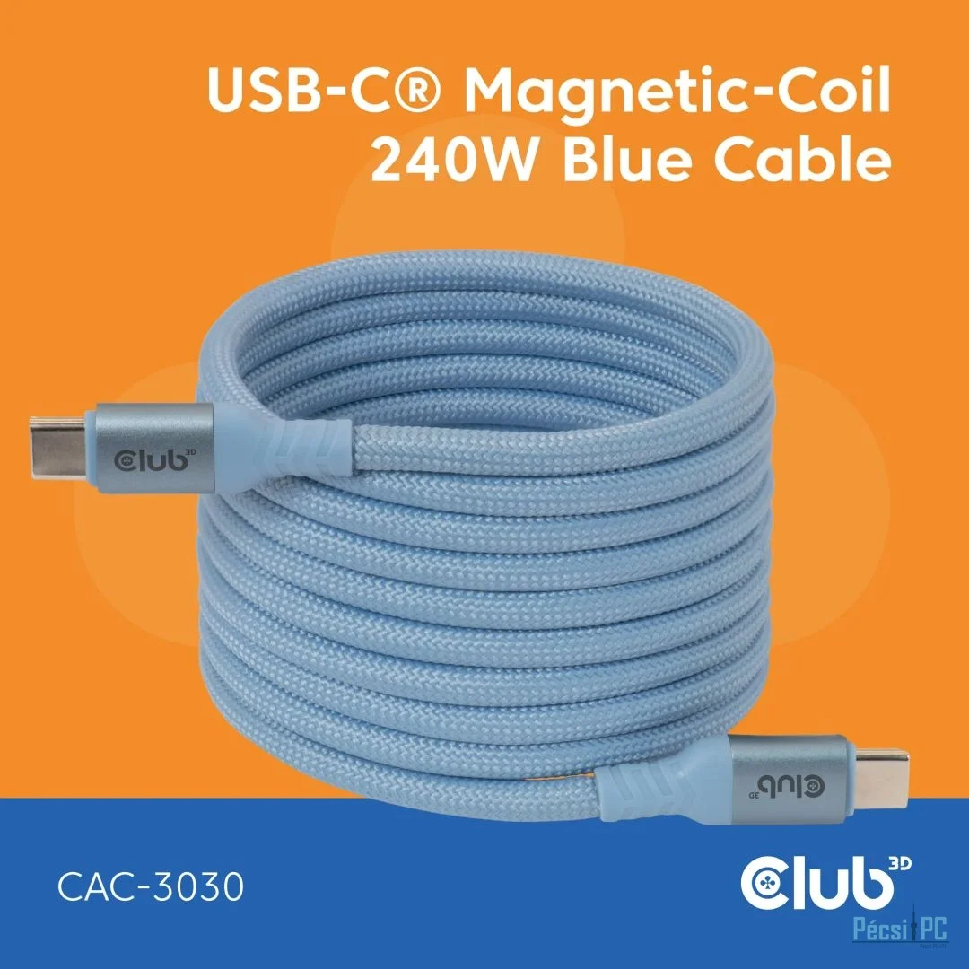 Club3D CAC-3030 USB-C Magnetic-Coil 240W Cable 2m Blue