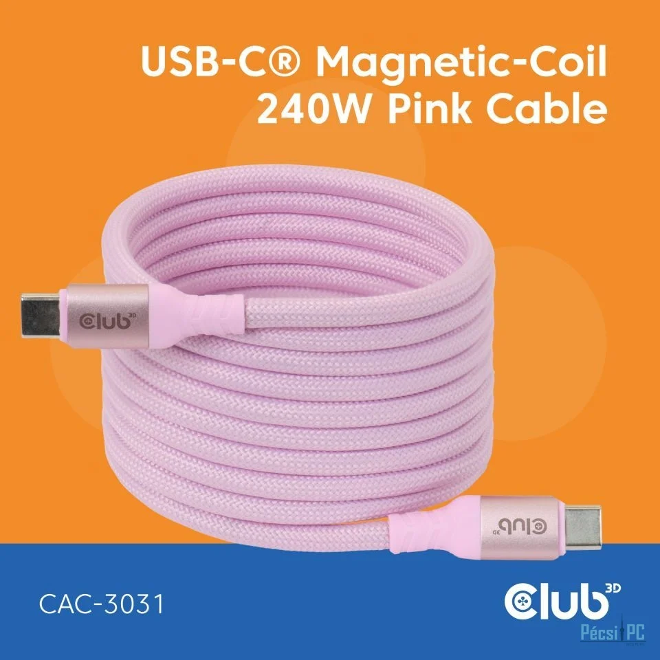 Club3D CAC-3031 USB-C Magnetic-Coil 240W Cable 2m Pink