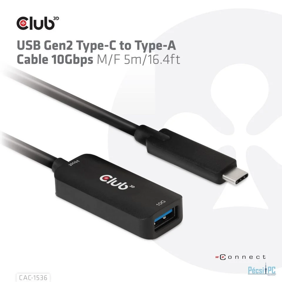 Club3D USB Gen2 Type-C to Type-A cable 5m Black