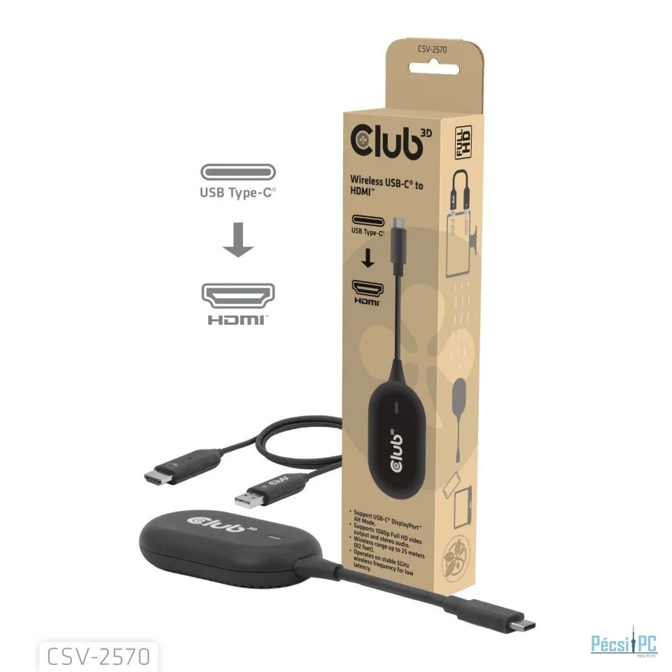 Club3D Wireless USB-C to HDMI Transmitter and Receiver FullHD 25m range Black