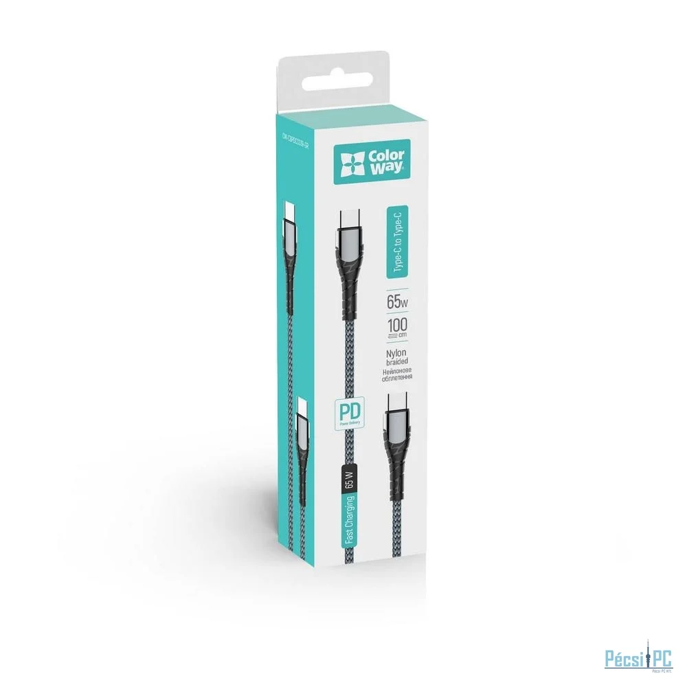 ColorWay Type-C to Type-C (PD Fast Charging 65W) 3.0A 1m Gray