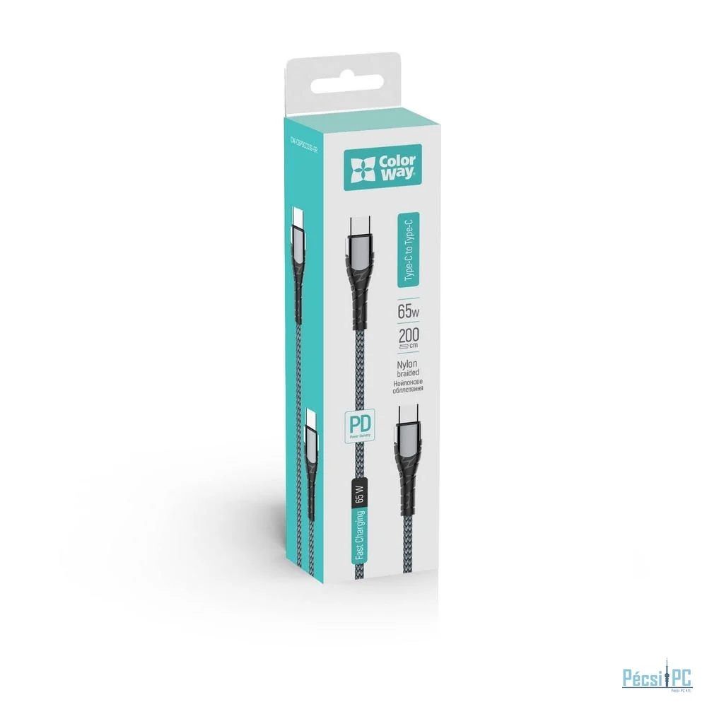 ColorWay Type-C to Type-C (PD Fast Charging 65W) 3.0A 2m Gray