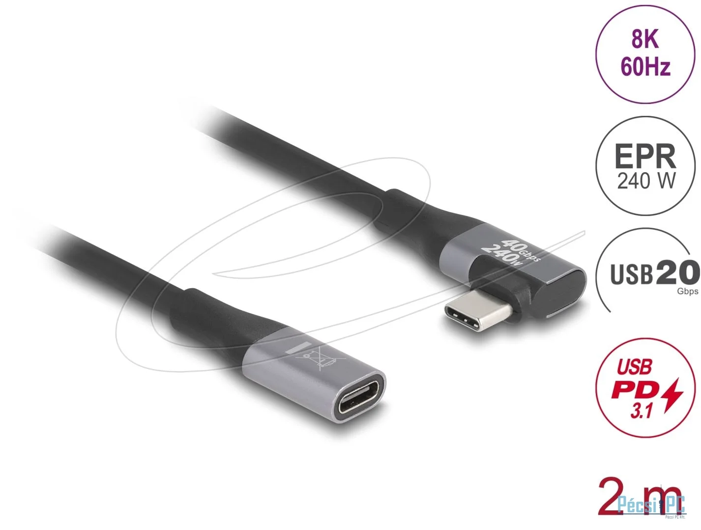 DeLock USB 20 Gbps extension cable angled left / right USB PD 3.1 2m Black