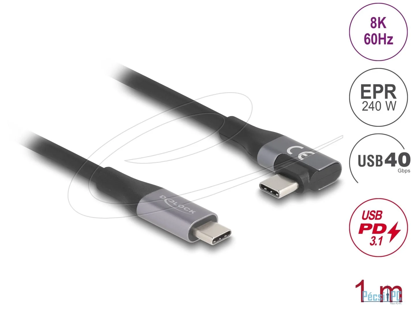 DeLock USB 40 Gbps cable angled left / right USB PD 3.1 Extended Power Range 240W 1m Black