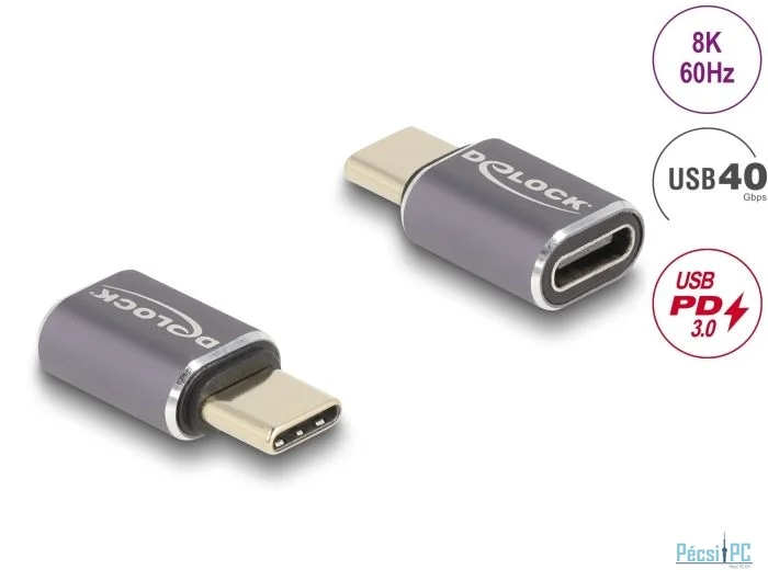 DeLock USB Adapter 40 Gbps USB Type-C PD 3.0 100 W male to female port saver 8K 60Hz metal Grey