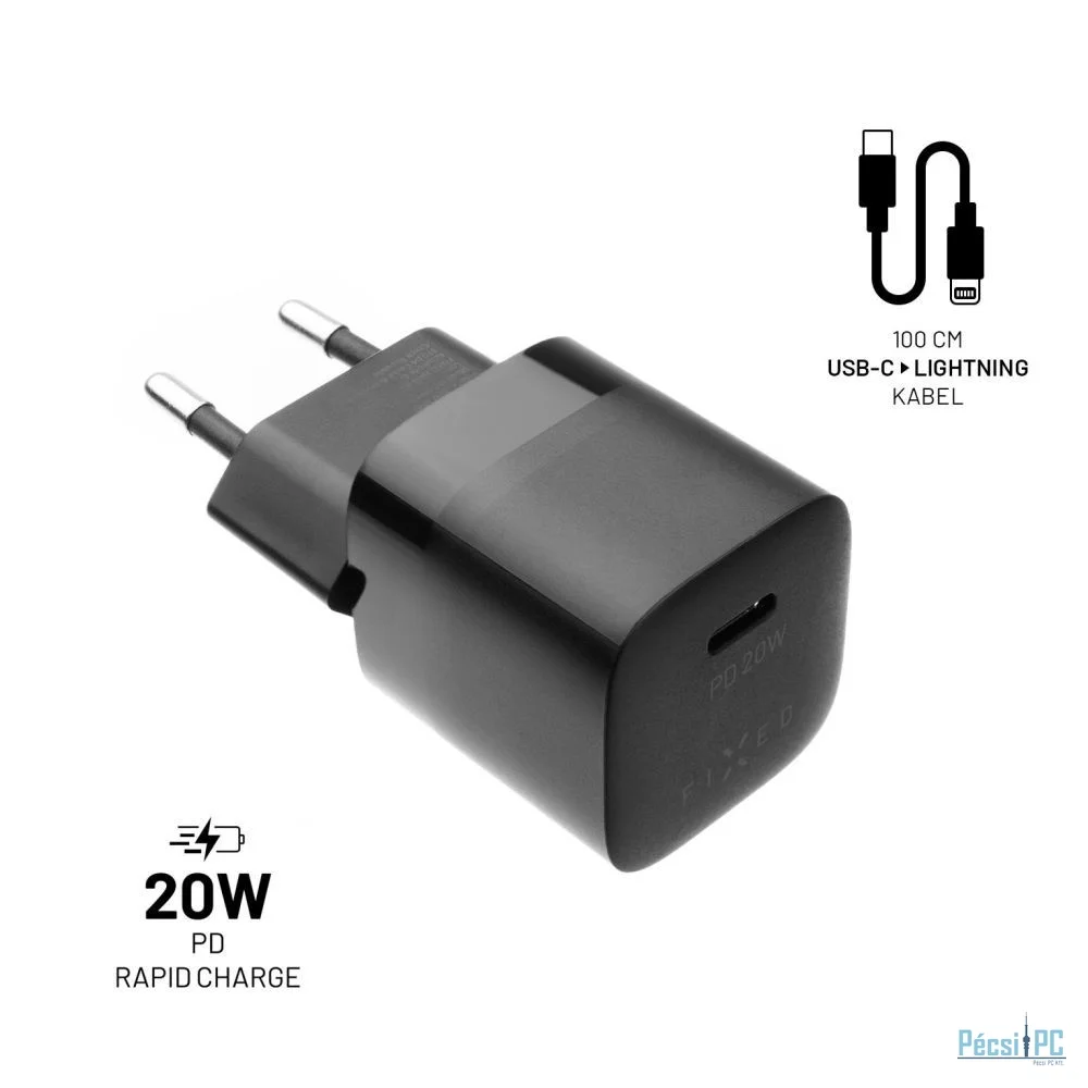 FIXED Mini hálózati töltőkészlet USB-C kimenettel és USB-C/Lightning kábellel 20W 1m, fekete