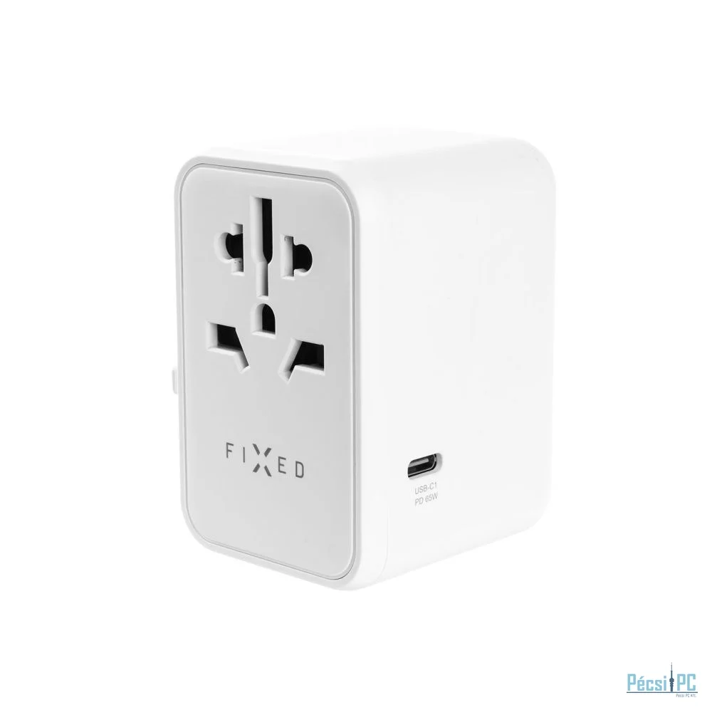 FIXED Utazóadapter EU, UK és USA/AUS számára 3xUSB-C és 2xUSB kimenettel, GaN PD 65W, fehér