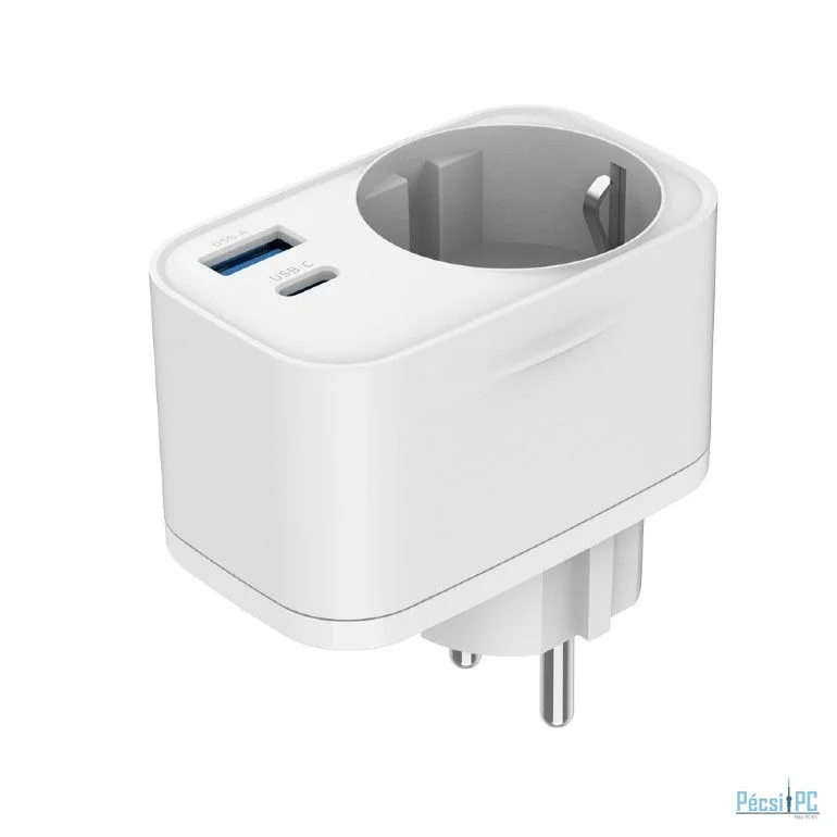 Gembird TA-ACPDQC20-01-W 2-port USB fast charger with pass-through AC socket 20W White