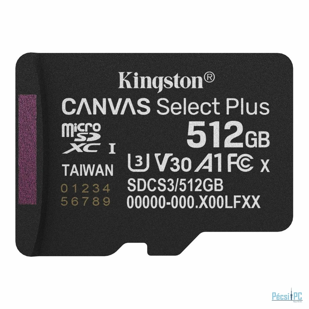Kingston 512GB microSDXC Canvas Select Plus Gen3 Class 10 UHS-1 A1 V30 adapter nélkül