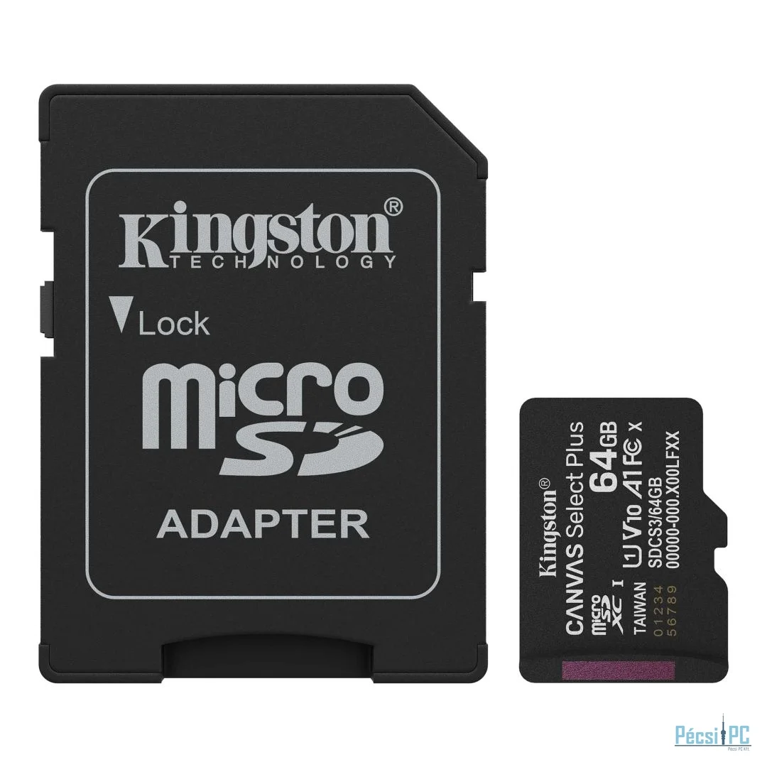 Kingston 64GB microSDXC Canvas Select Plus Gen3 Class 10 UHS-1 A1 V10 + adapterrel
