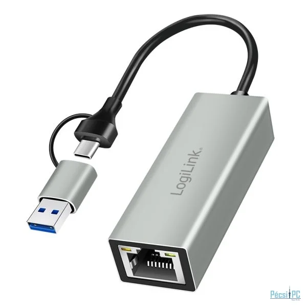 Logilink USB-C to Gigabit Ethernet Adapter with 2-in-1 USB Connection Grey