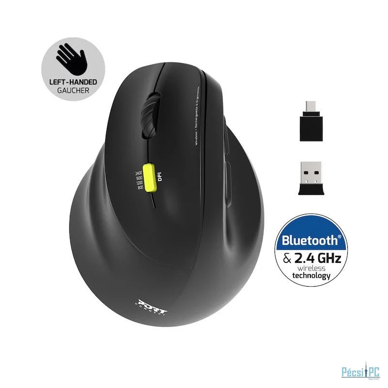 Port Designs Left-hand 2.4 GHz Bluetooth rechargeable Ergo Mouse Black