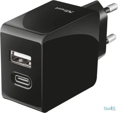 Trust Urban Dual-port smart wall charger with USB-C and USB-A port Black