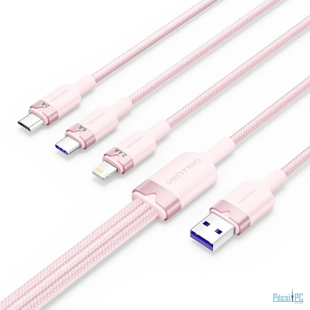 Vention USB 2.0 A Male to 3-in-1 USB-C & Lightning & Micro-B Male 6A Cable 1,5m Pink