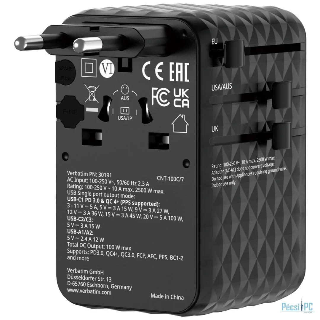 Verbatim Charge ''n'' Travel 100W GaN III Universal Travel Adapter with Retractable USB-C Cable Black