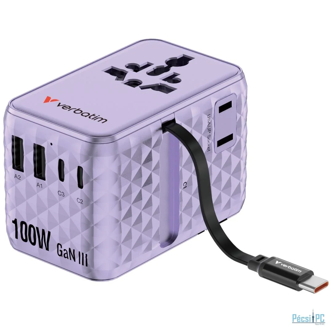 Verbatim Charge ''''n'''' Travel 100W GaN III Universal Travel Adapter with Retractable USB-C Cable Purple