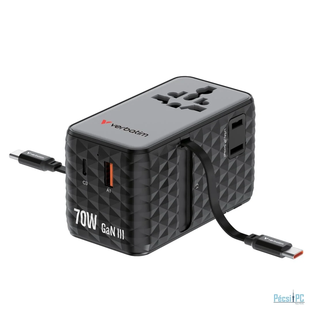 Verbatim Charge ''''n'''' Travel 70W GaN III Universal Travel Adapter with 2 Retractable USB-C Cables Black