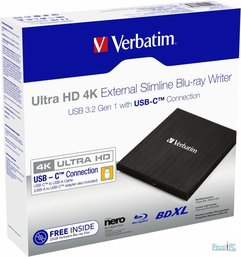 Verbatim Ultra HD 4K External Slimline Blu-ray Writer Black BOX