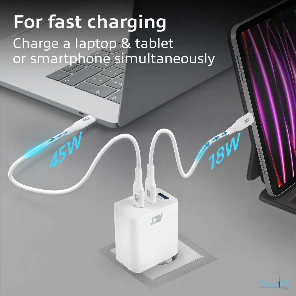 ACT ACT USB-C/USB-A Charger 65W 3-port with Power Delivery PPS, QuickCharge and GanFast