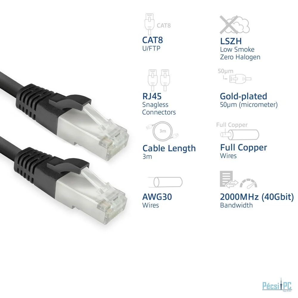 ACT CAT8 U-FTP Patch Cable 3m Black