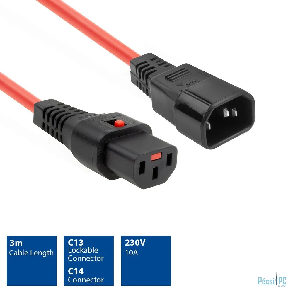 ACT PC1387 Powercord C13 IEC Lock - C14 3m Red