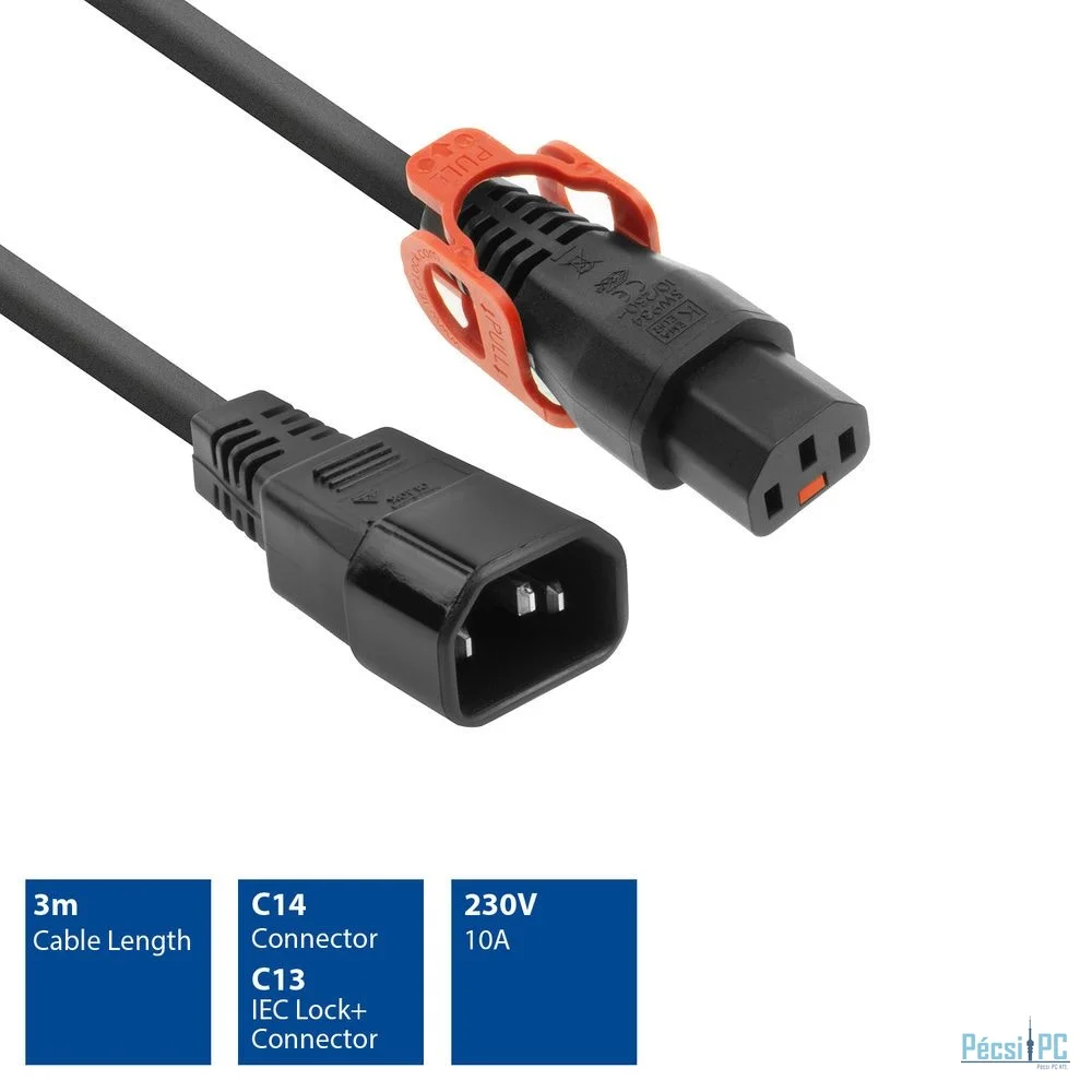 ACT Powercord C13 IEC Lock - C14 3m Black