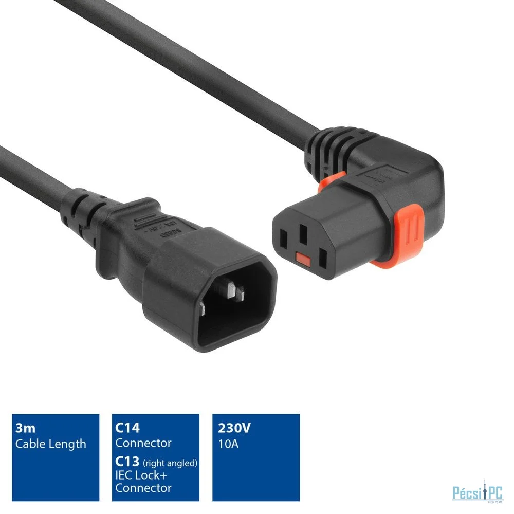 ACT Powercord C14 - C13 IEC Lock (right angled) 3m Black