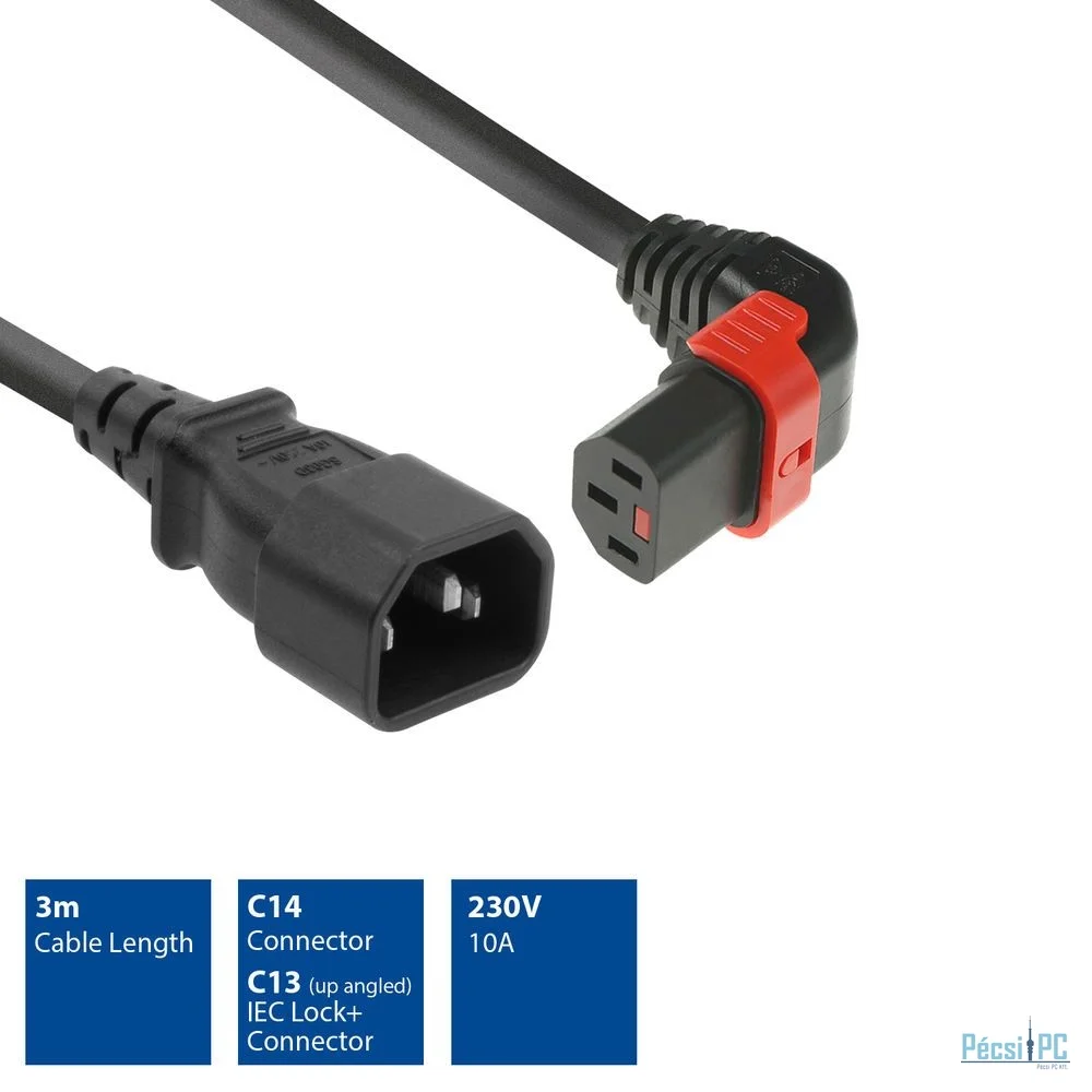 ACT Powercord C14 - C13 IEC Lock (up angled) 3m Black