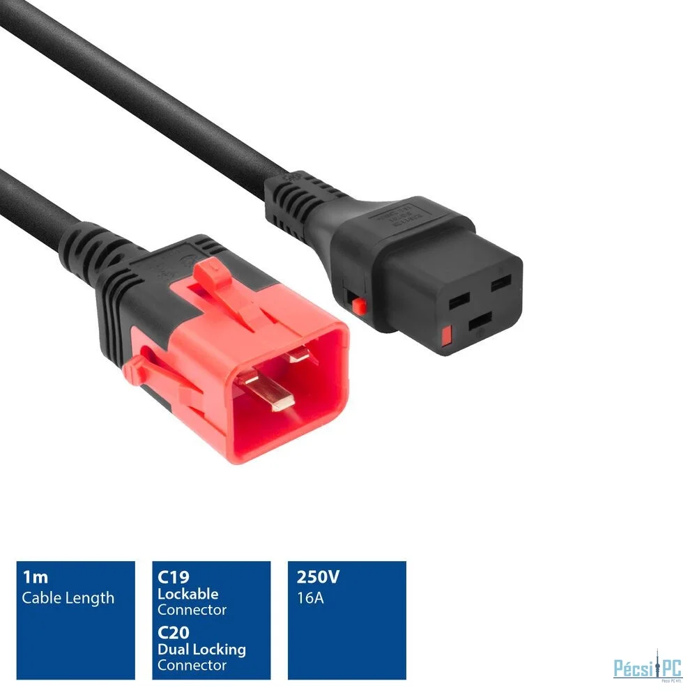 ACT Powercord C19 IEC Lock - C20 IEC Lock Dual Locking 1m Black