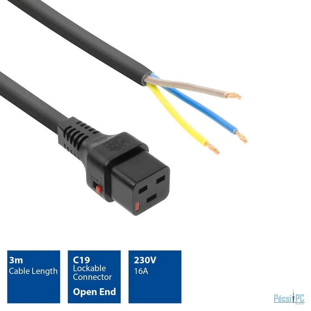 ACT Powercord C19 IEC Lock - open end 3m Black