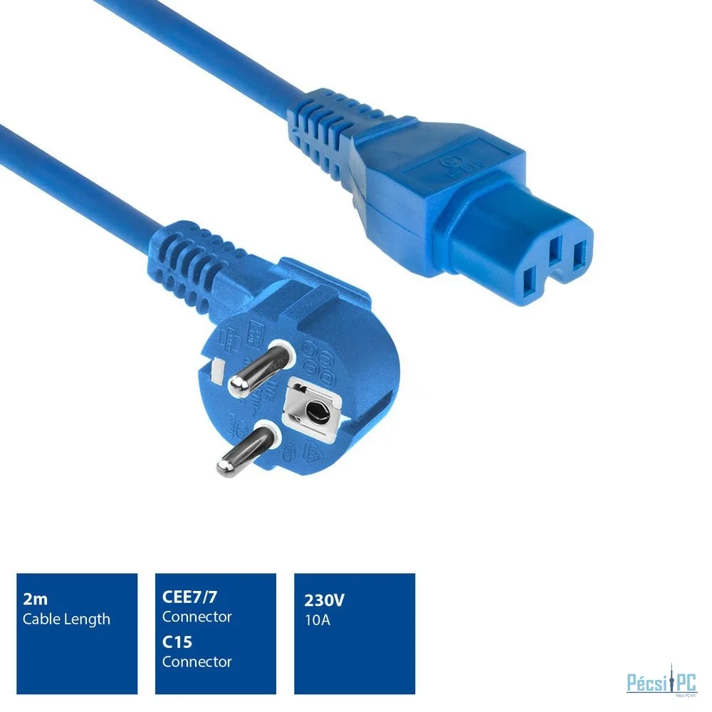 ACT Powercord mains connector Schuko CEE 7/7 male (angled) - C15 IEC 60320 2 m Blue