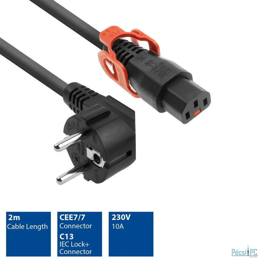 ACT Powercord Schuko CEE 7/7 male (angled) - C13 IEC Lock+ 2m Black