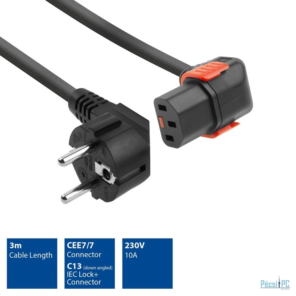 ACT Powercord Schuko CEE 7/7 male (angled) - C13 IEC Lock (down angled) 3m Black