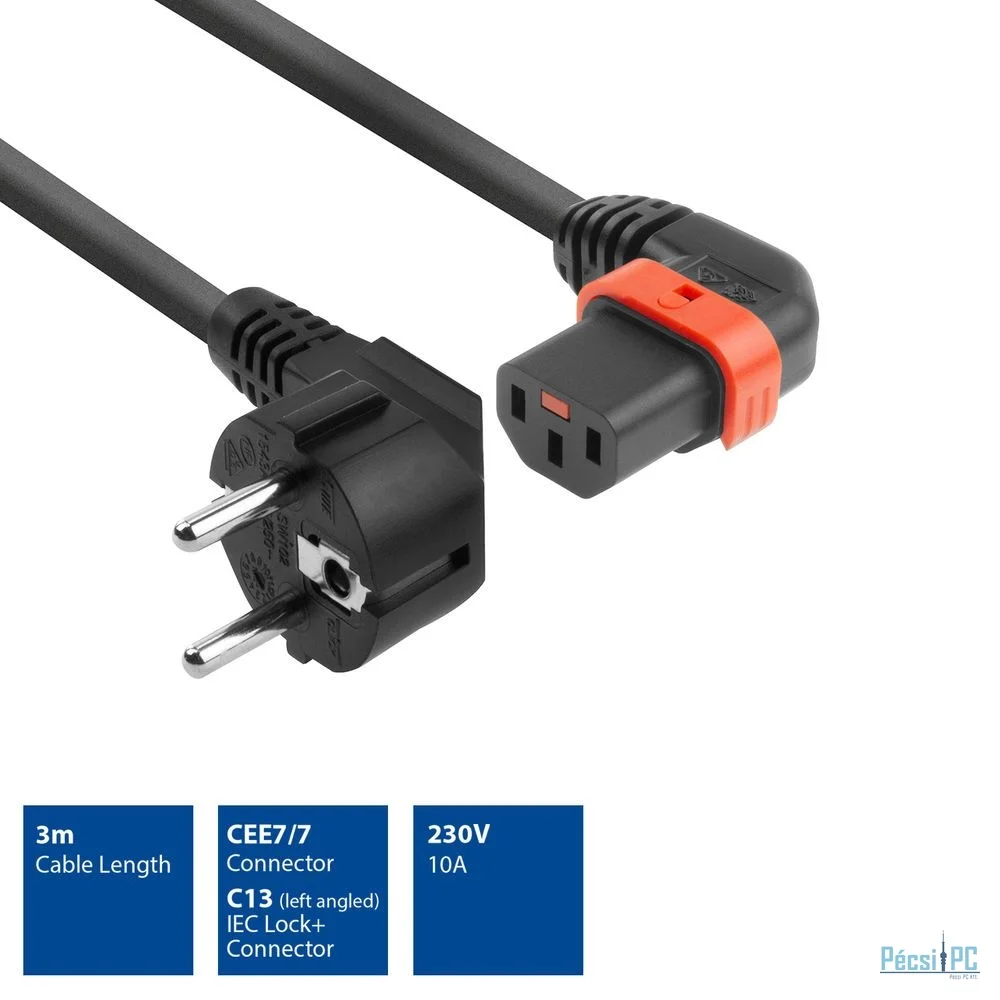 ACT Powercord Schuko CEE 7/7 male (angled) - C13 IEC Lock (left angled) 3m Black