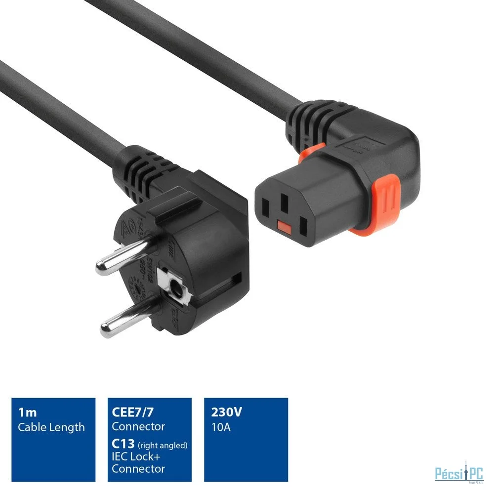 ACT Powercord Schuko CEE 7/7 male (angled) - C13 IEC Lock (right angled) 1m Black