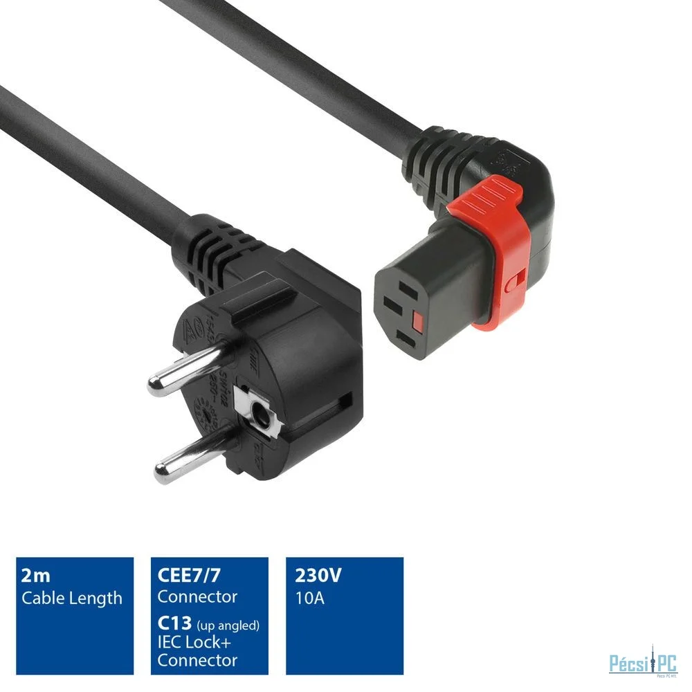 ACT Powercord Schuko CEE 7/7 male (angled) - C13 IEC Lock (up angled) 2m Black