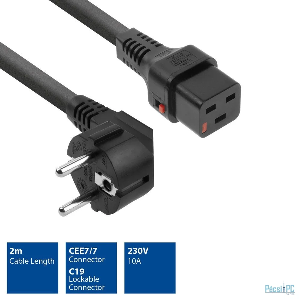 ACT Powercord Schuko CEE 7/7 male (angled) - C19 IEC Lock 2m Black
