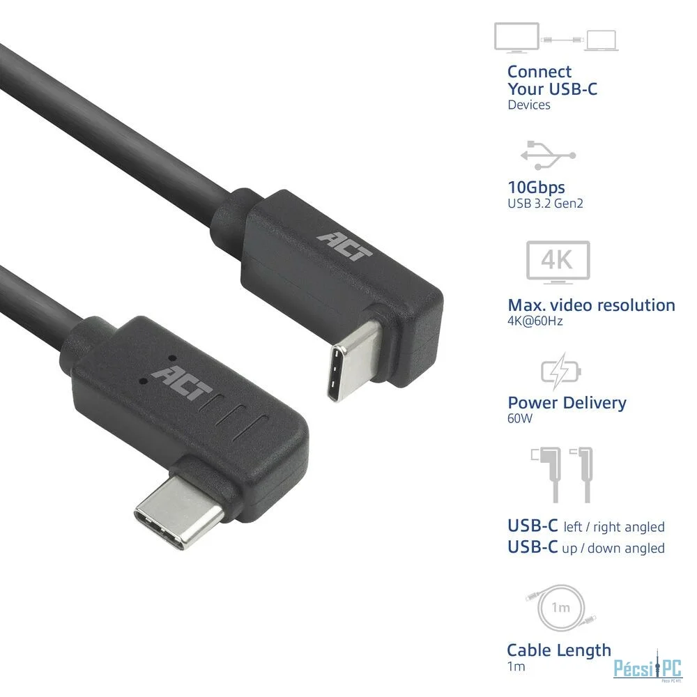 ACT USB 3.0 60W USB Type-C (left/right angled) to USB Type-C (up/down angled) Cable 1m Black