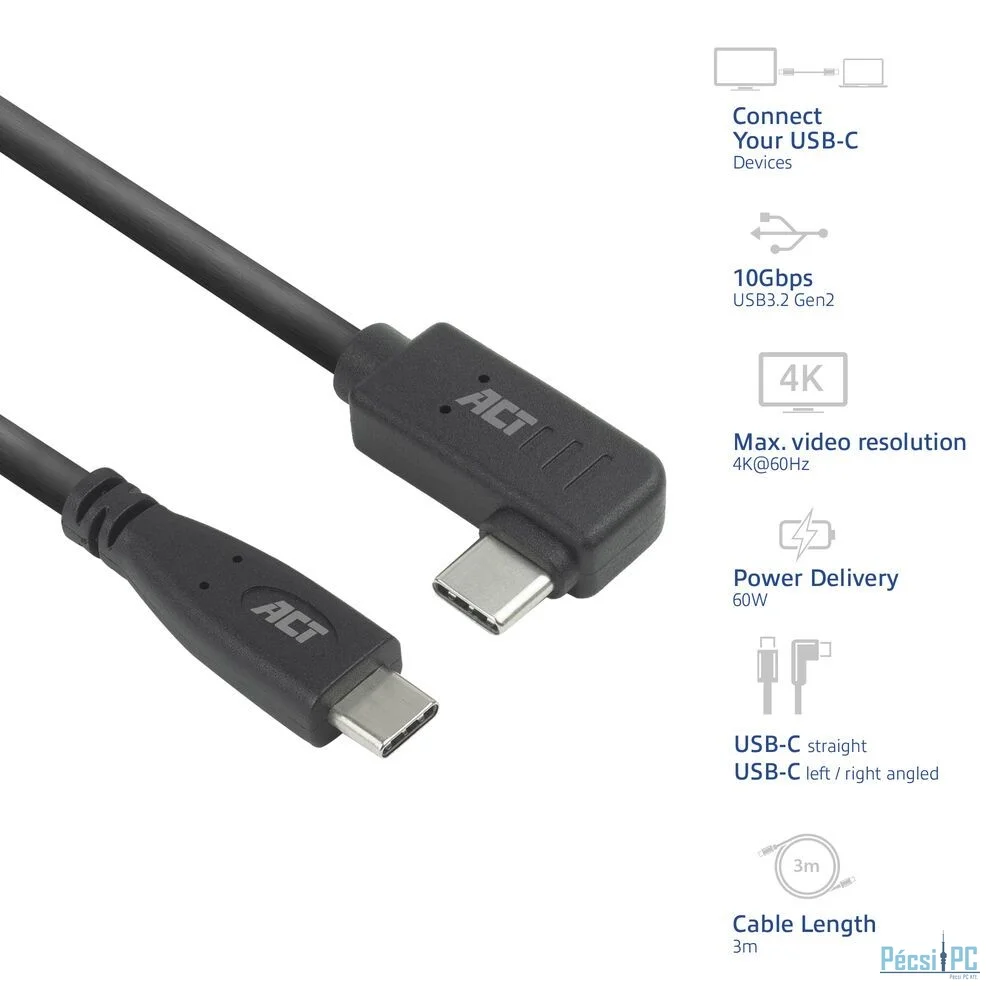 ACT USB 3.0 60W USB Type-C (straight) to USB Type-C (left/right angled) Cable 3m Black