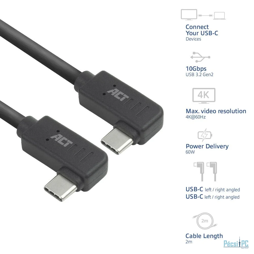 ACT USB 3.0 60W USB Type-C (left/right angled) to USB Type-C (left/right angled) Cable 2m Black