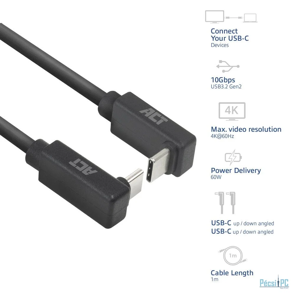 ACT USB 3.0 60W USB Type-C (up/down angled) to USB Type-C (up/down angled) 1m Black